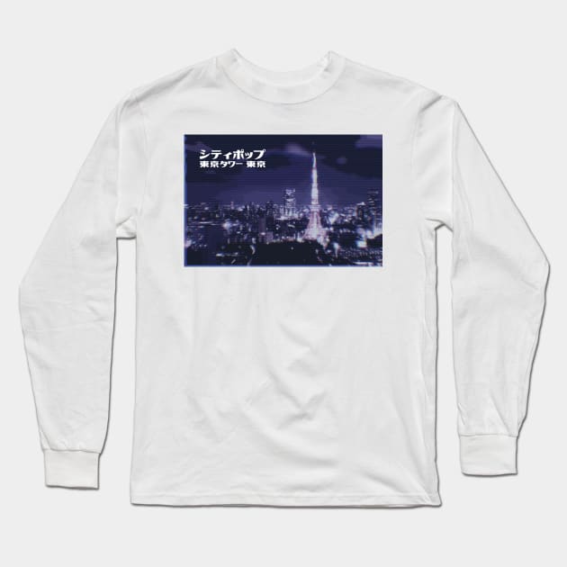Japanese city pop art series 2 -Tokyo tower Tokyo Japan in - retro aesthetic - Old retro tv glitch style Long Sleeve T-Shirt by FOGSJ